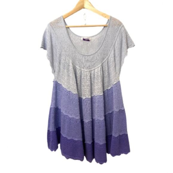 Roman’s Plus Size Purple Crochet Open Knit Tiered Babydoll Coverup Mini Dress - Picture 1 of 8